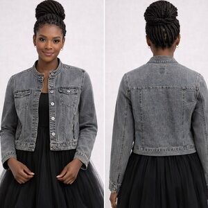 French Cuff Gray Vintage Wash Cotton Button Front Denim Jacket Women’s Size XL